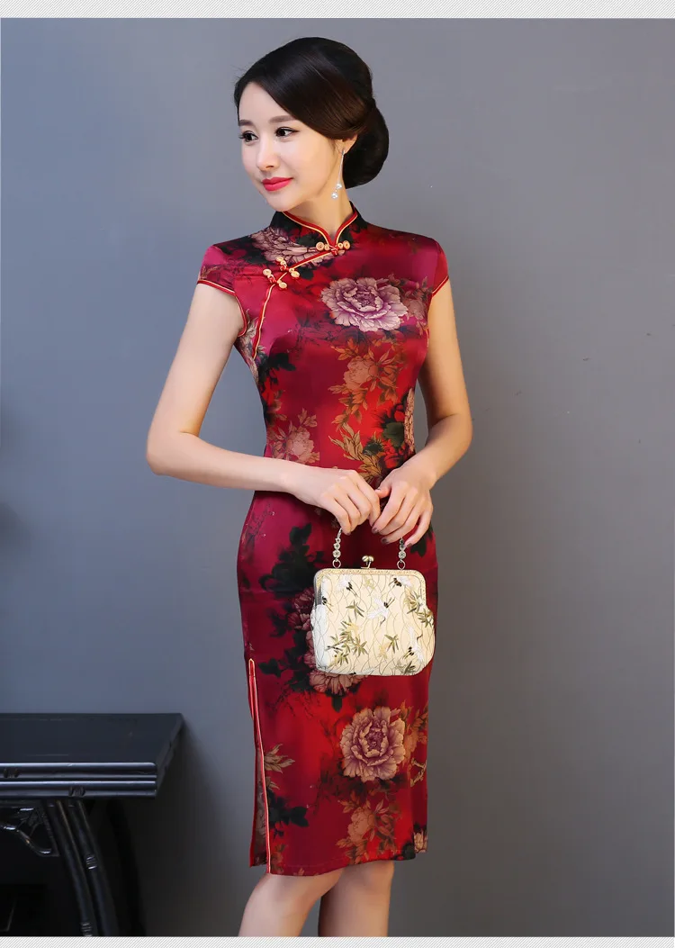 Шелковое женское платье Cheongsam Tang платье Китайский ветер Лето Средний старомодное платье шелк тутового дерева