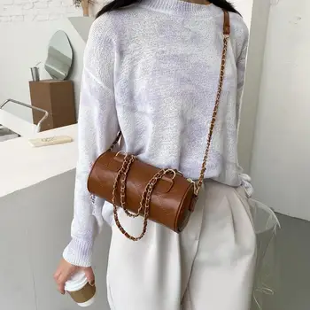 

2020 Designer Lattice Pattern Shoulder Bags For Women Cylinder Shape Pu Leather Crossbody Female Chain Bag sac baguette