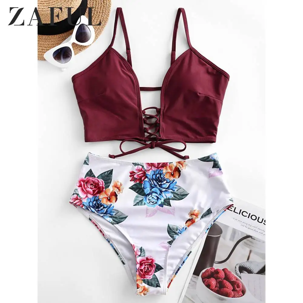 ZAFUL на шнуровке цветочный лист с высокой талией танкини купальник женский