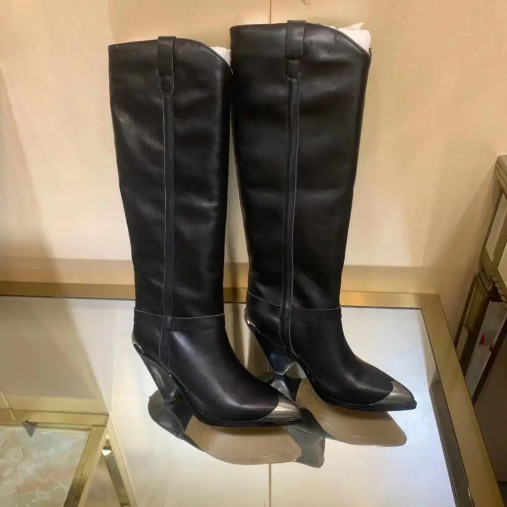 leather black Модные женские ботинки с металлическим острым носком Сапоги выше колена высокие сапоги Для женщин Стразы инкрустация клиновидном каблуке, рыцарские сапоги удобная обувь kidsuede; туфли для подиума; Botas Mujer - Цвет: leather black