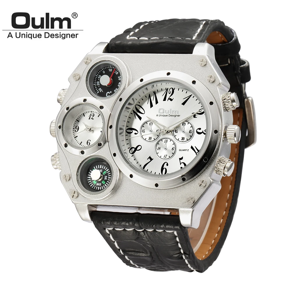 Oulm 1349 Large Dial Watch Men Two Time Zone Wristwatch Decorative Compass Male Quartz Clock Sport Men's Leather Strap Watches