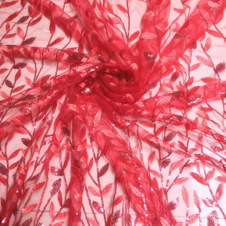 red Navy Black Red Gold Leaves Sequins Embroidered Lace Fabric Wedding Dress DIY Accessories RS2364 - Цвет: red