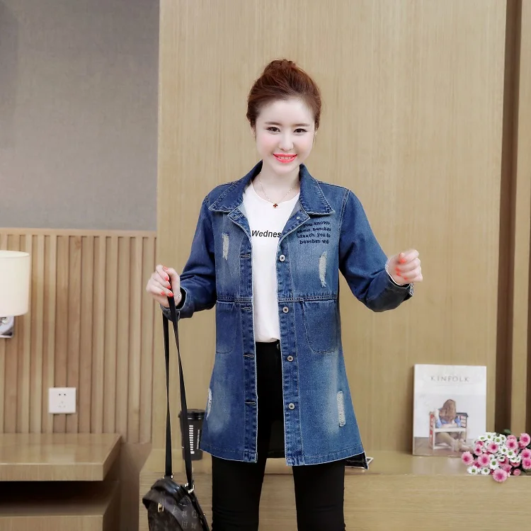 Korean-style Large Size Dress Spring And Autumn Mid-length Jeans Coat with Holes Embroider Jacket Slim Fit Trench Coat Wome