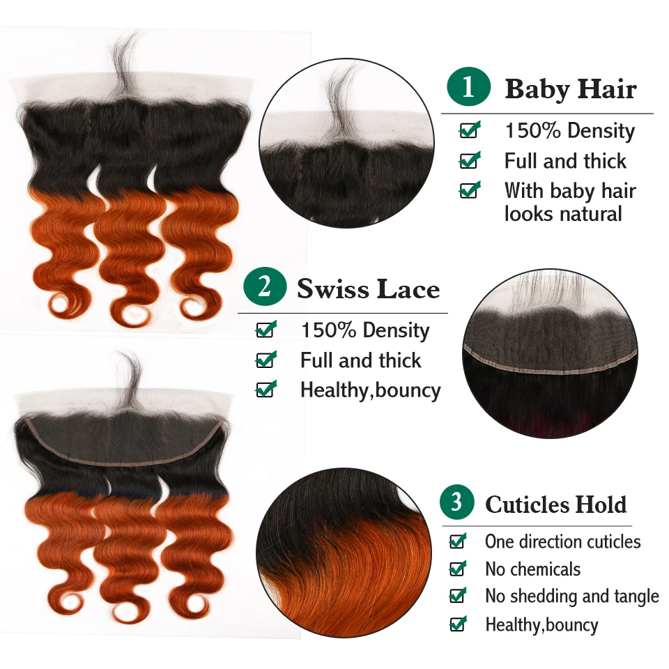 Sexay Burnt Orange Human Hair Bundles With Closure Ombre 1B/350 Remy Brazilian Body Wave Hair With Frontals 3 Pcs With Closure