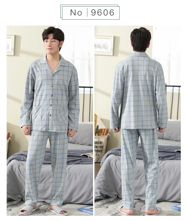 Men Pajamas Sets Full Pure Cotton Pyjamas Sleepwear Nightwear Underwear Long Sleeve Printed Plaid Casual Spring Autumn Winter silk pajama pants