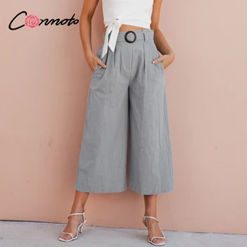 

Conmoto summer 2020 solid sexy casual women pants ruffles wide high fashion leg belt trousers OL high fashion pants