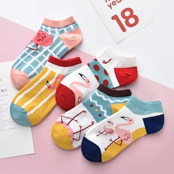 

5Pairs Ankle Socks Mix Color Low-Cut Sock for Women High Elasticity Cute Cartoon Flamingos Pattern Breathable Cotton