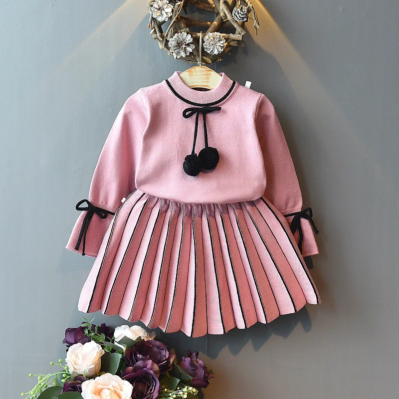Комплект детской одежды для девочек; сезон весна-осень; вязаный комплект одежды для малышей; свитер с бантом и короткая юбка