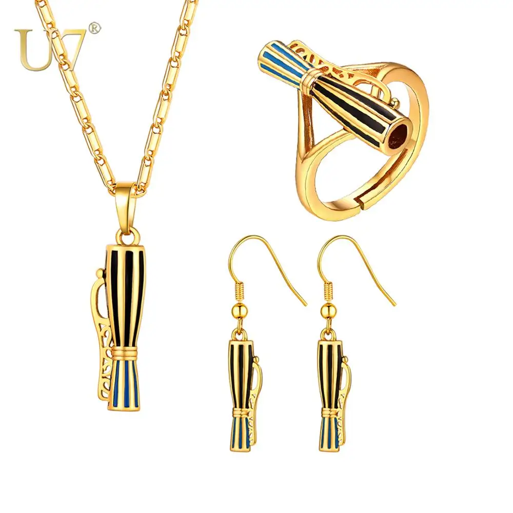 

U7 Papua New Guinea Drum with Stripes Pendant Necklaces Earrings Ring Traditional PNG Style Kundu Jewelry sets Women Gifts S1027