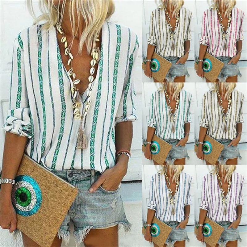 

5 Colors Women Vertical Stripes Long Sleeve Single Breasted Stand Collar Loose Autumn Shirts
