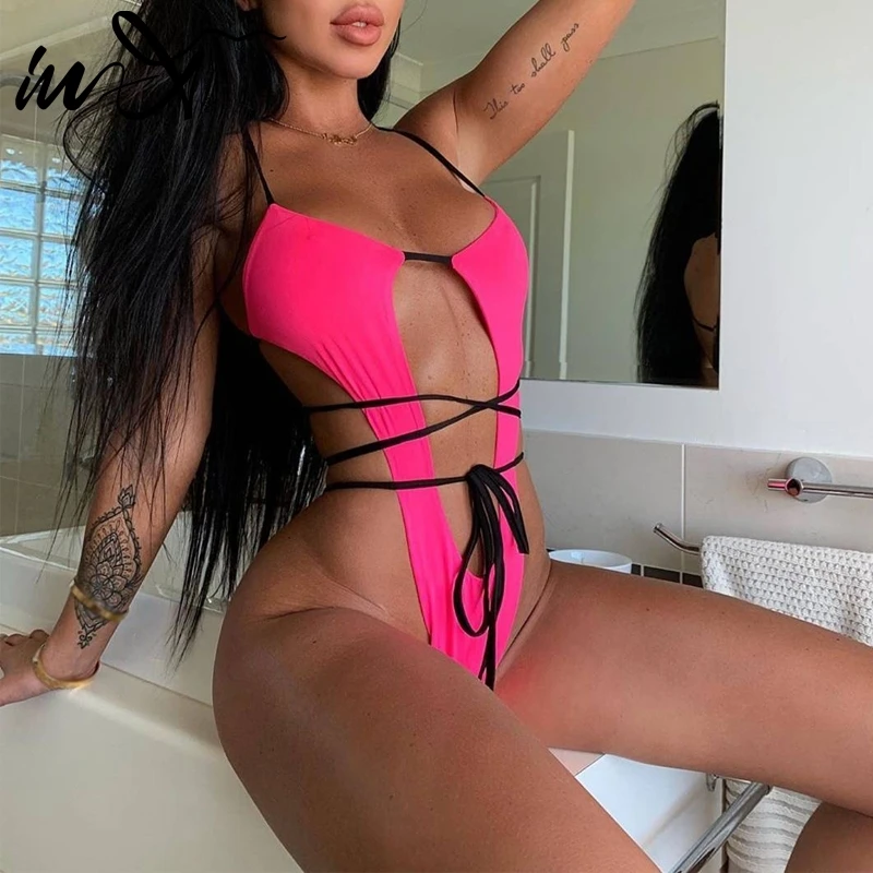 

In-X High cut one piece swimsuit female Thong sexy swimwear women 2019 Neon green bikini String monokini Padded bathing suit new