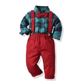 

Top and Top New Fashion Newborn Infant Boy Gentleman Clothes Set Classic Green Plaid Shirt+Bib Pants 2Pcs Wedding Formal Suit