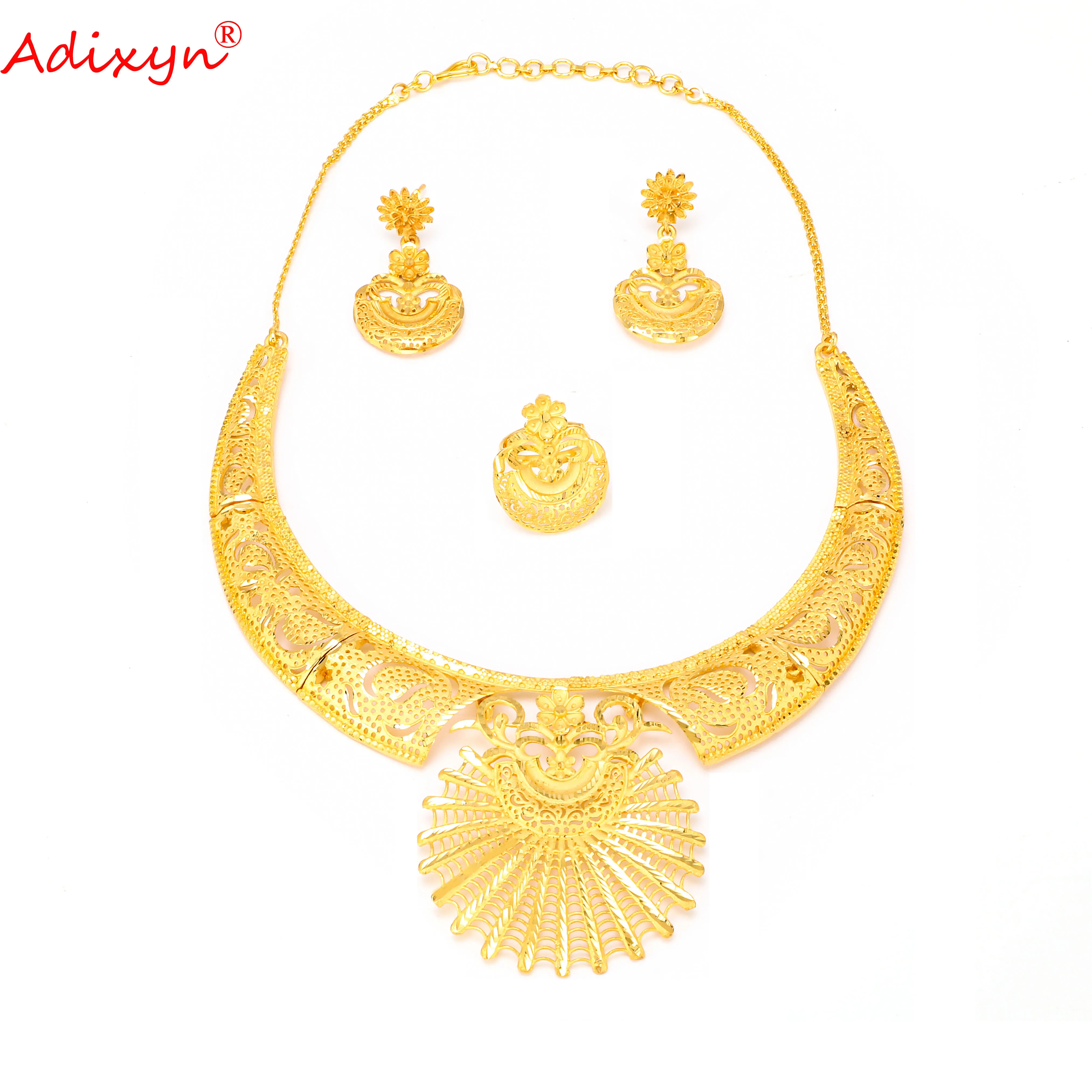 

Adixyn Sun Flower Shape Necklace Earrings Ring Set for Women 24K Gold Color African Wedding Dubai Arab Gifts N1021M9