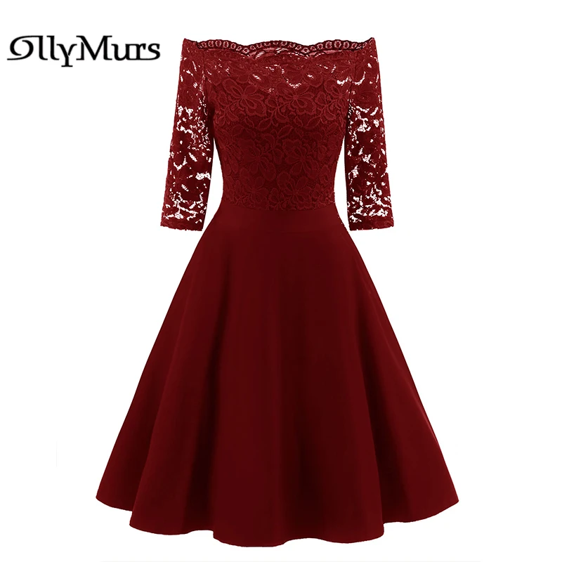 

Elegant Burgundy Prom Dress LR850 Sexy Off The Shoulder Lace Prom Dresses Three Quarter Sleeve A Line Party Gowns For Women