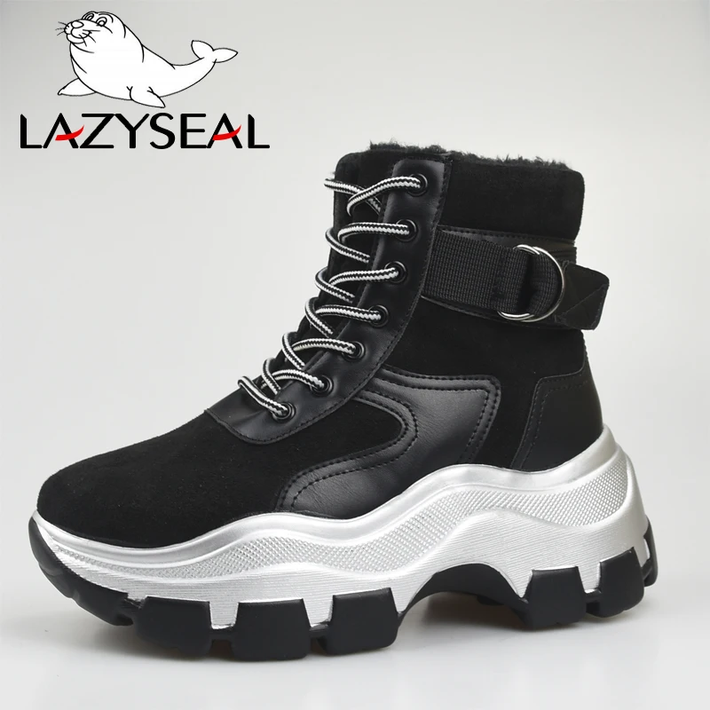 

Женские ботинки на платформе LazySeal, зимние плюшевые спортивные ботинки на толстой подошве, со шнуровкой, обувь на высоком каблуке