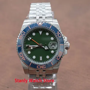 

Sapphire Bliger 40mm Green Sterile Dial Luminous Marks Blue Ceramic Bezel GMT Function Jubilee Automatic Movement Men's Watch