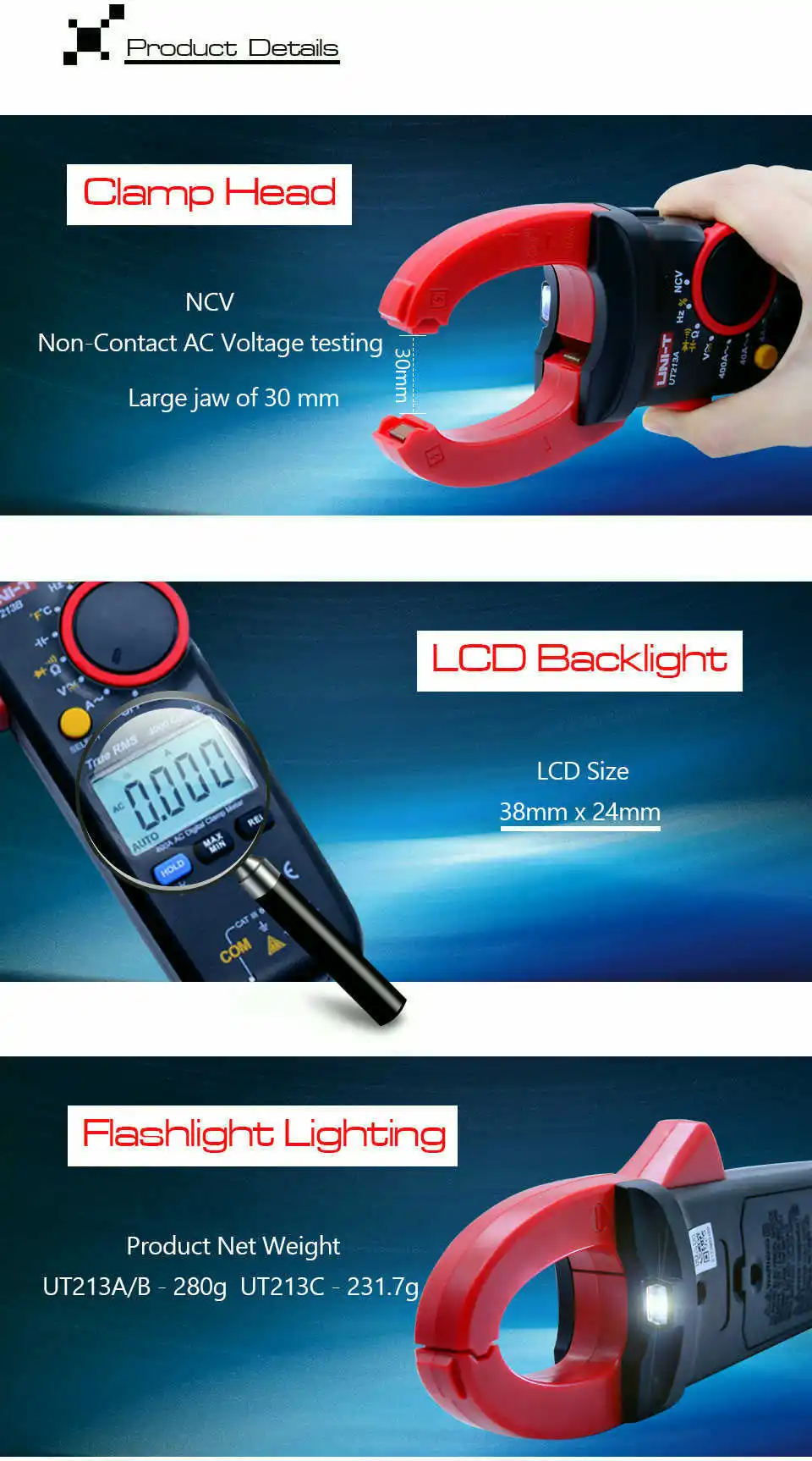 UNI-T UT213A/B/C 400A клещи TRMS AC DC ток напряжение сопротивление емкость температура тестер НТС фонарик Функция