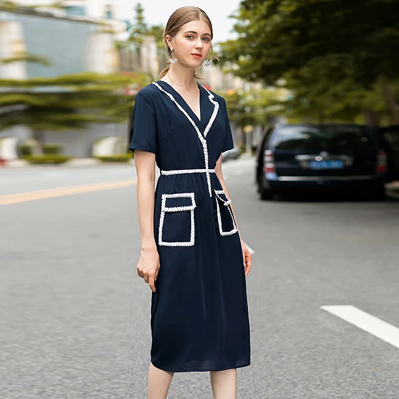 

Runway High Quality Spring Summer New Women'S Party Casual Workplace Vintage Elegant Chic Imitation Pearl Slim Fit Fashion Dress