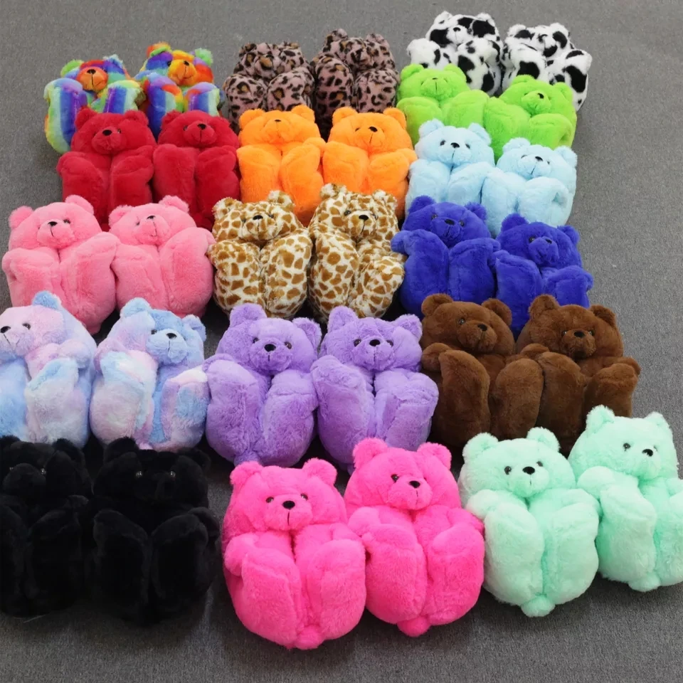 Multi-colors Cute Bear Fur Slippers Women Girls Warm Animal Slipper Female Indoor House Shoes Casual Soft Woman Fur Flipflops female fluffy slippers winter women cute plush warm indoor sliders house bedroom cartoon bear fur slipper laides home shoes