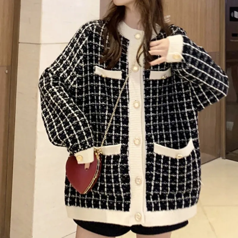 

Autumn 2020 New Sweater Coat Retro Shirt Check Long Sleeve Single Breasted Plaid Loose Knit Cardigan Tide Ladies