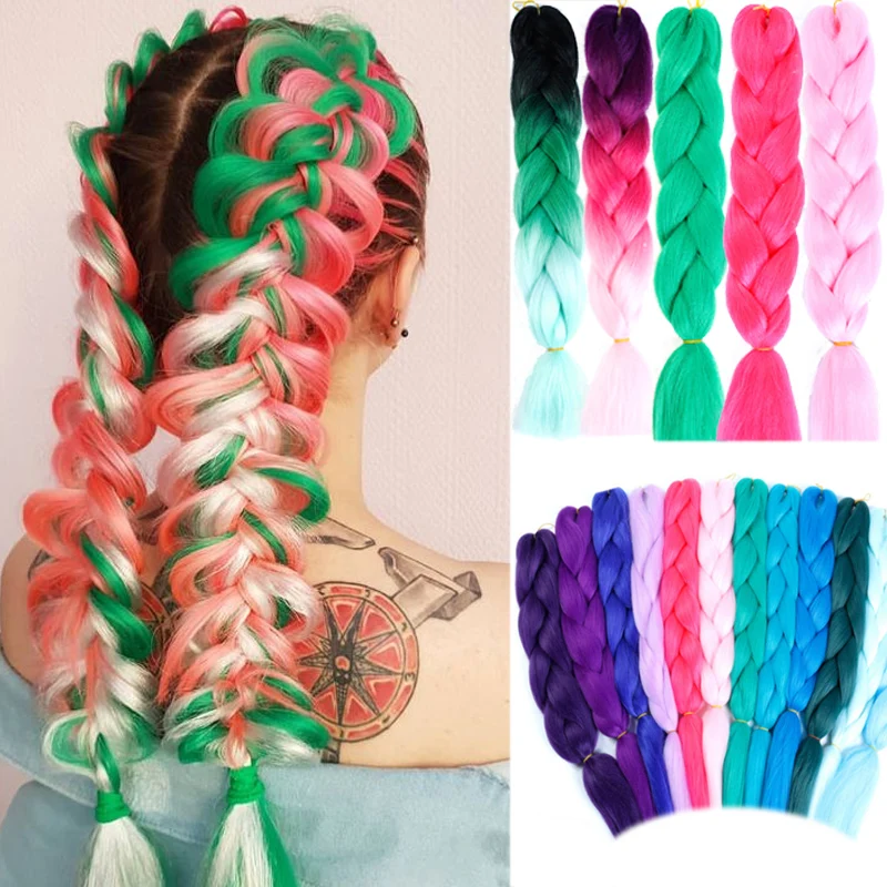 

AILIADE Synthetic 24inch Crochet Box Braids Kanekalon Ombre Jumbo Braiding Hair Extension Braid Hair Pink Purple African Woman