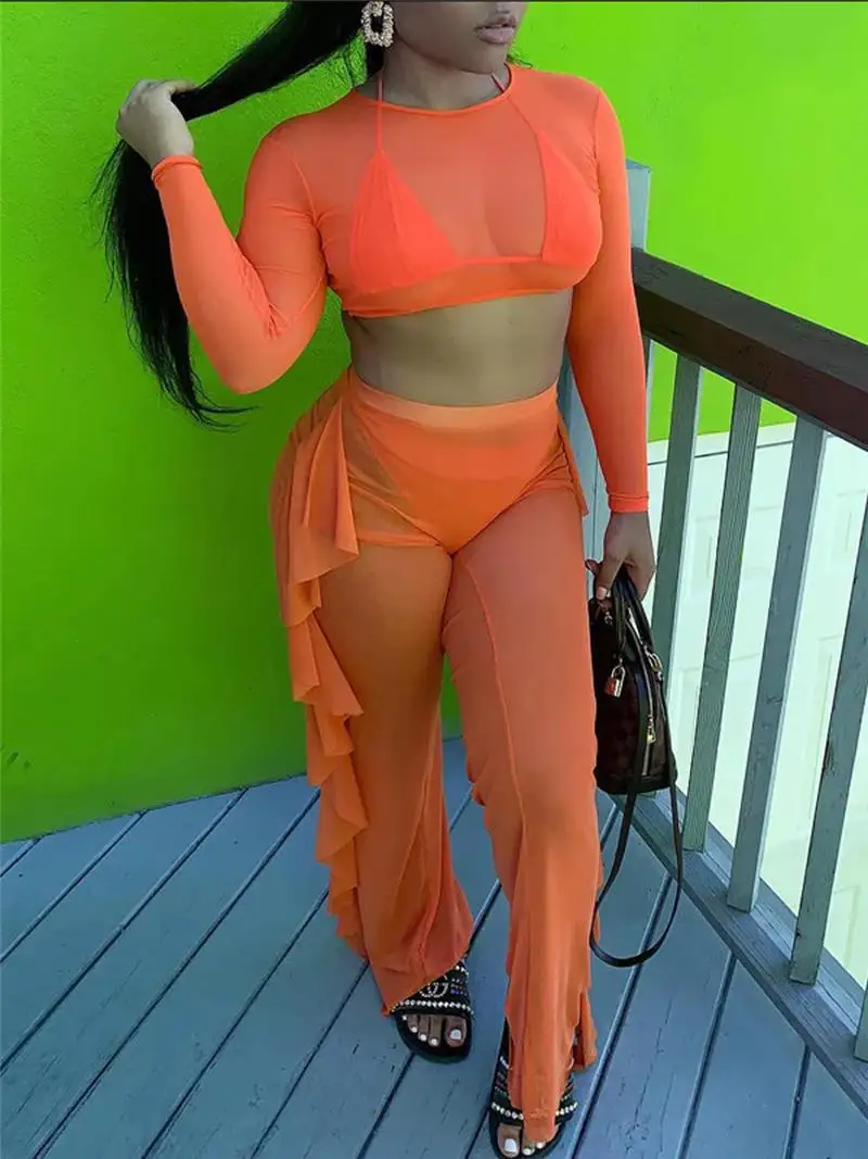 

Wome Beach Cover Up See-through Set Long Sleeve Crop Top+Ruffles Pants Trousers Mesh Bikini Beachwear Swimwear Swimsuit 2pcs