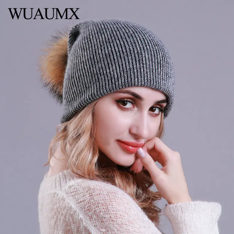 Wuaumx Multifunction Hat and Scarf Autumn Winter Hat For Women Wool Knitted Beanies Cap Luxury Raccoon Fur Pompom Cap