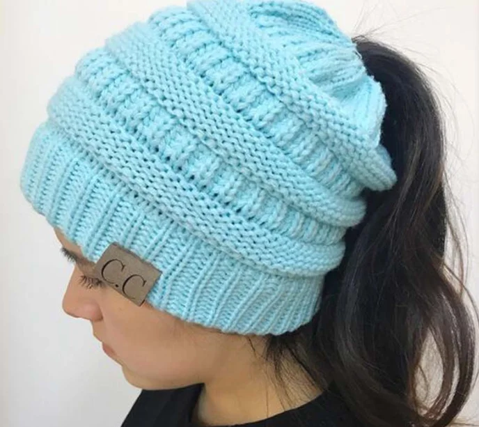 blue Грязный булочка Прямая Мягкие вязаные конский хвост зимние шапки бини для женщин Подарки сохраняющие тепло в зимние дни персонализированные подарки - Цвет: blue