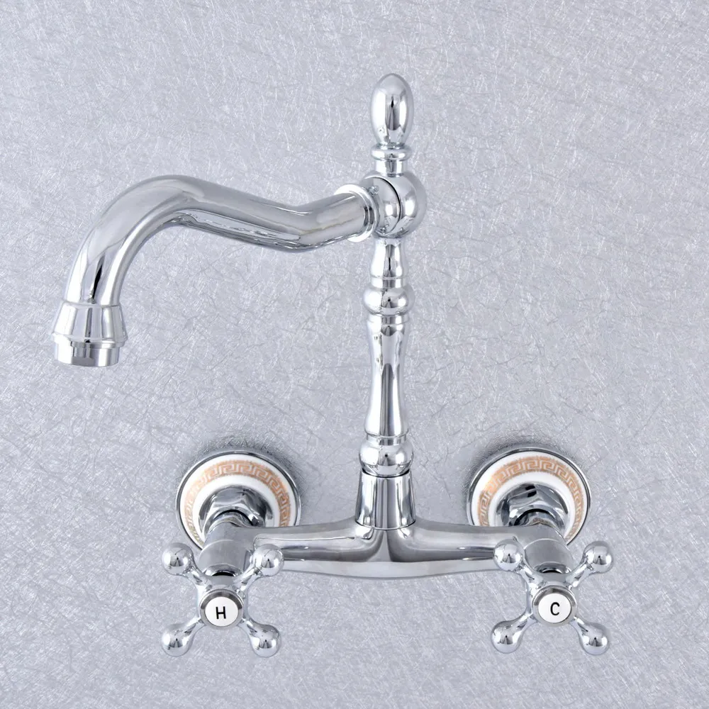 

Polished Chrome Brass Ceramic Base Wall Mounted Bathroom Kitchen Sink Faucet Swivel Spout Mixer Tap Dual Cross Handles msf782