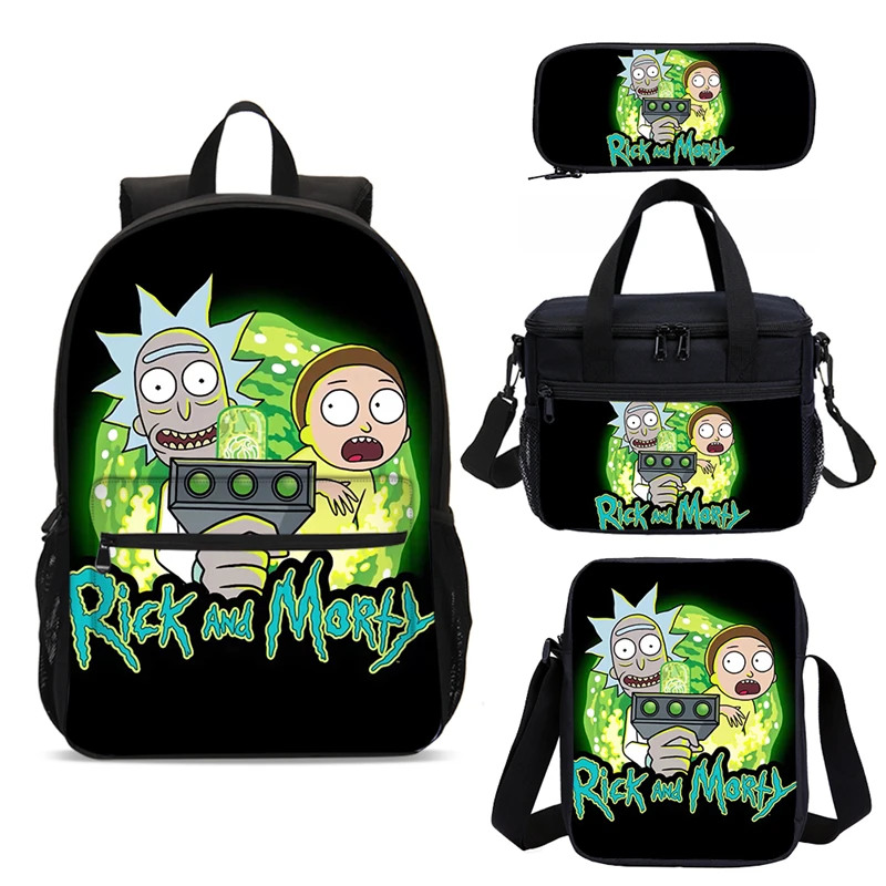 

4 Pcs School Backpack Set Lunch Box Rick And Morty Printing Anime School Bag Teenage Boys Students Bookbag Kids Mochilas Tegaote