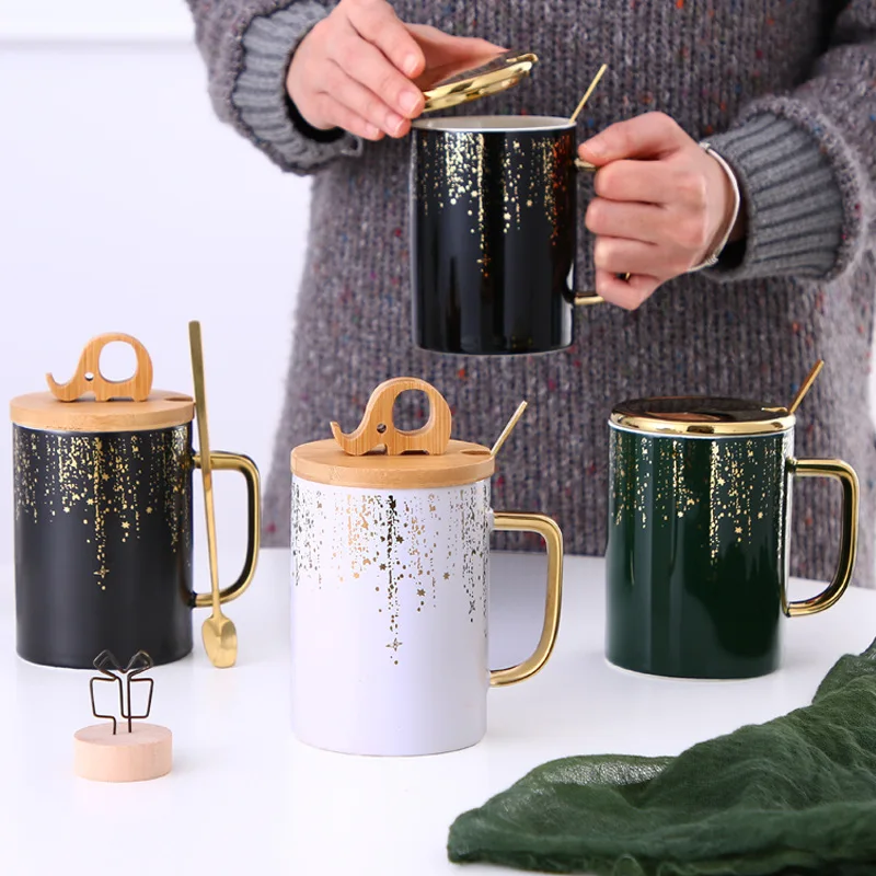 

Couple Pair Cup With Lid Light Luxury Golden Student Ins Nordic Mark Coffee Ceramic Cup Large Capacity Breakfast Milk Cup