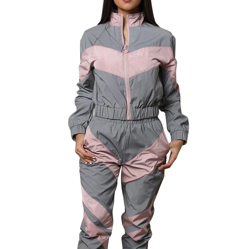 Litthing женские спортивные костюмы комплект из 2 предметов Светоотражающая застежка укороченный топ брюки Модные женские Свободная куртка пальто брюки плюс XL
