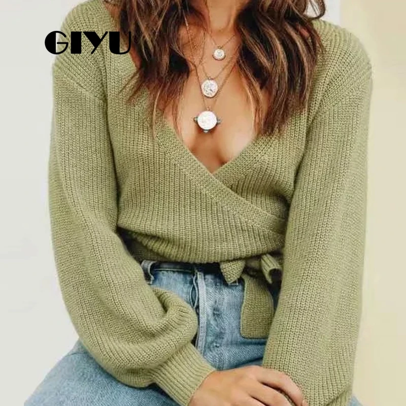 

GIYU V Neck Sweater Lantern Long Sleeve Autumn Basic Knit Solid Jumpers Sashes Tie-up Loose Drop Shoulder sueter mujer invierno
