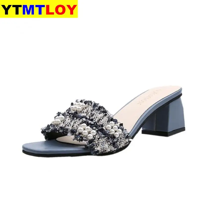 

Korean Version Open Toe Square Bow Shoes Women With High Heels Slippers Sandals Summer Hing Heel Mujer Casual String Bead 2