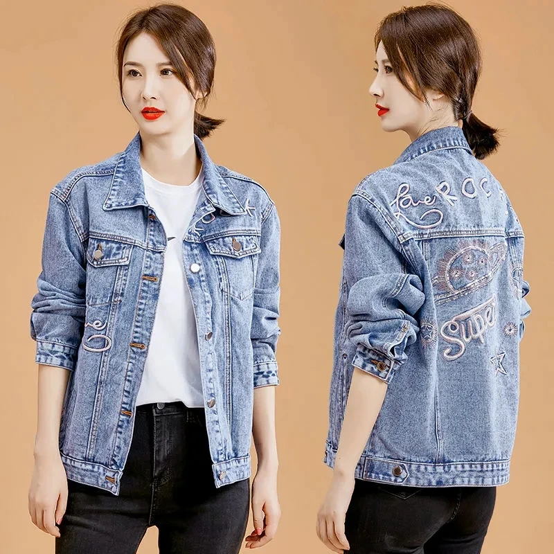 Female thin Denim Jacket 2022 Spring Autumn New Korean Embroidered Letter Coat Women Loose Fashion Wild Casual Short TrendA148
