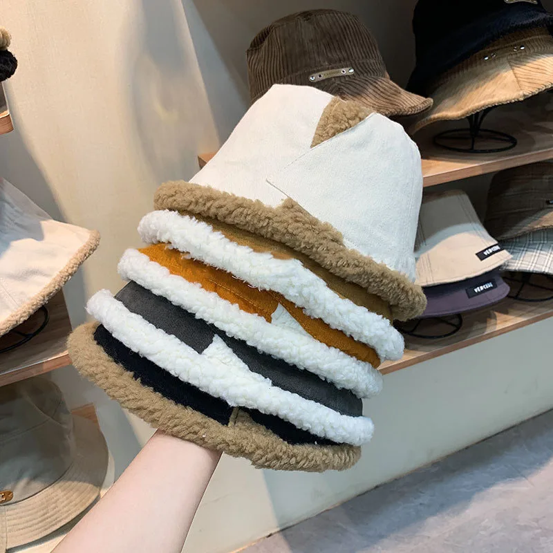 

Autumn Winter Faux Lamb Wool Bucket Hat Men Women Double-sided Warm Earflap Caps Chic Ins Street All Match Spliced Caps