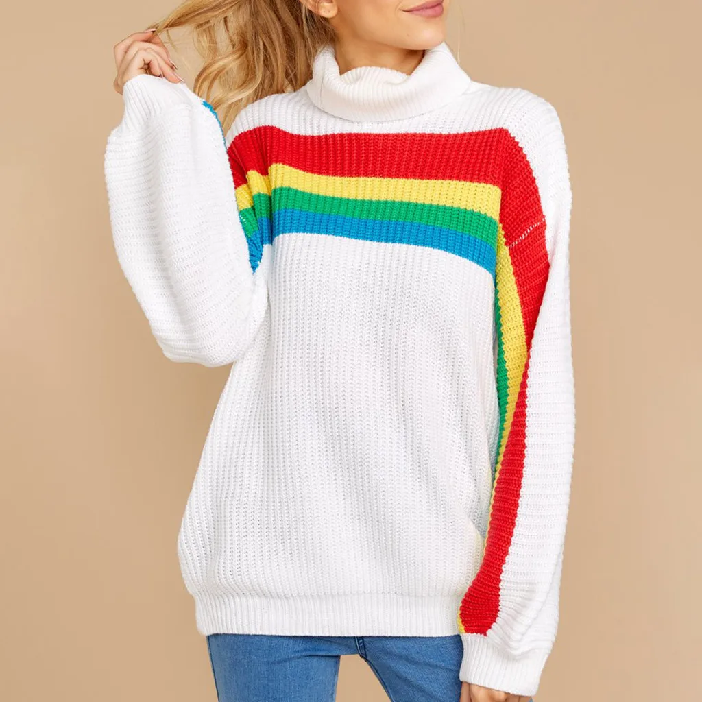 2019 Sweater Women Knitwear Long Sleeve Striped Rainbow Turtleneck V-neck Knit Jumper Pull Femme Sueter Mujer Invierno | Женская одежда