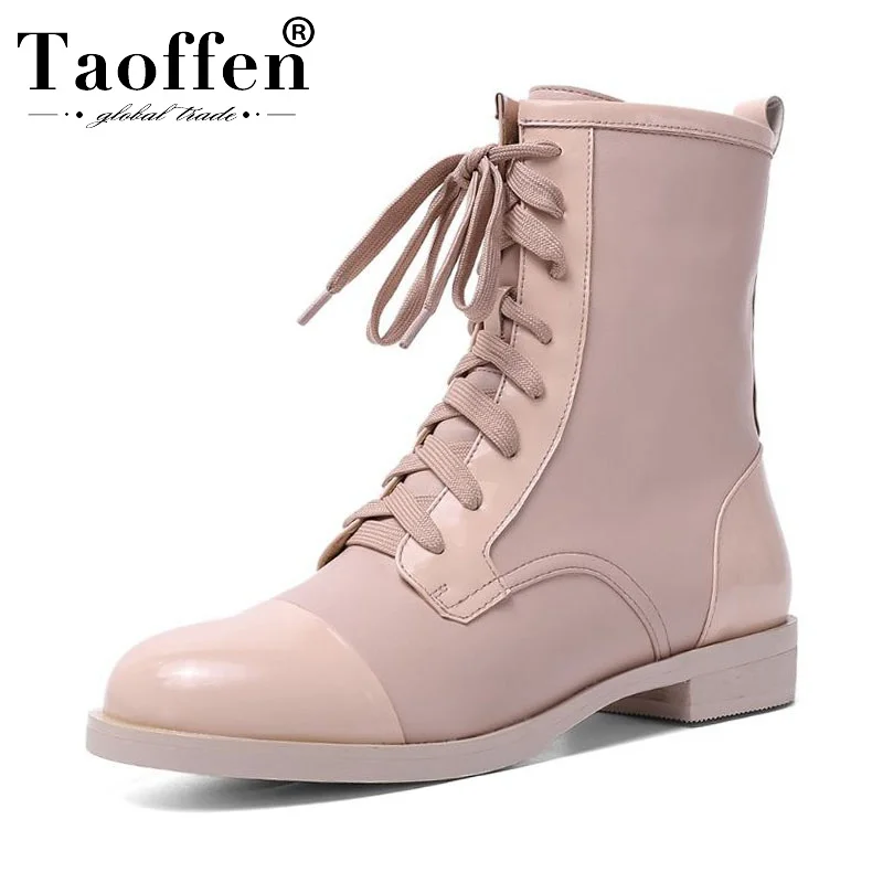 

Taoffen Real Leather Candy Color Lady Ankle Boots Winter Fashion Round Toe Cross Strap Casual Shoes Women Knight Boot Size 33-40