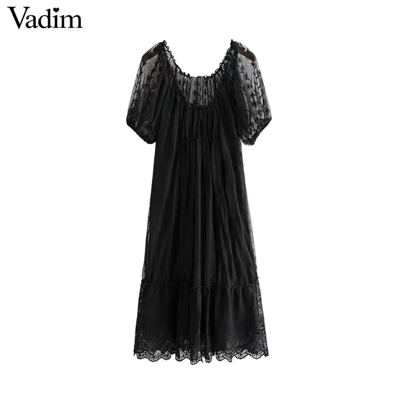 Vadim женское стильное черное кружевное платье миди с вышивкой коротким рукавом и
