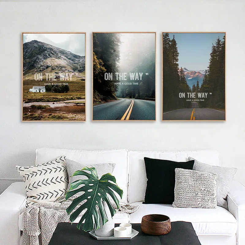

Nordic Highway Forest Landscape Canvas Painting On the Way Quotes Inspirational Poster Wall Art Picture for Living Room Decor