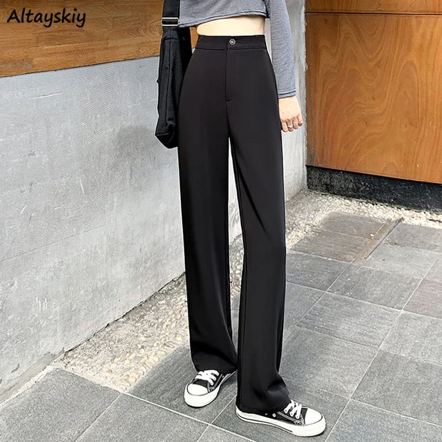 Pantalones elegantes de oficina para mujer, Pantalón recto de cintura alta,  ajustado, de pierna ancha, color negro, traje informal coreano con botones,  2023 - AliExpress