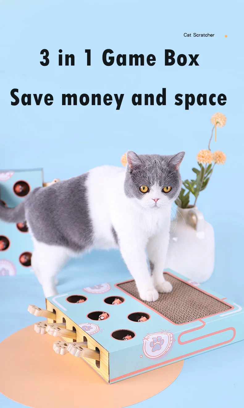 2021NEW Cat Toy Chase Hunt Mouse Cat Game Box 3 in 1 with Scratcher Funny Cat Stick Cat Hit Gophers Interactive Maze Tease Toy