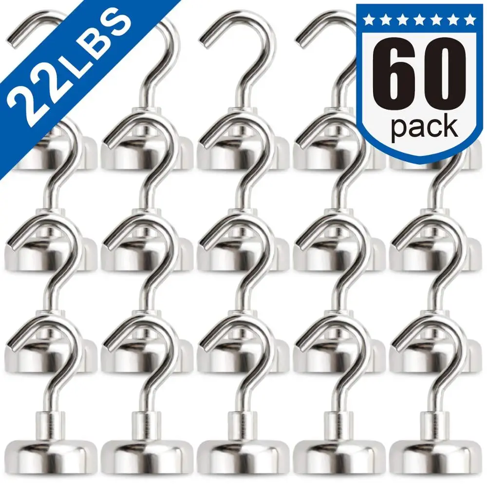 

Magnetic hooks, Strong Neodymium Magnet Hook for Home, Kitchen, Workplace, Office and Garage, 22LBS Pack of 60 multi magnet