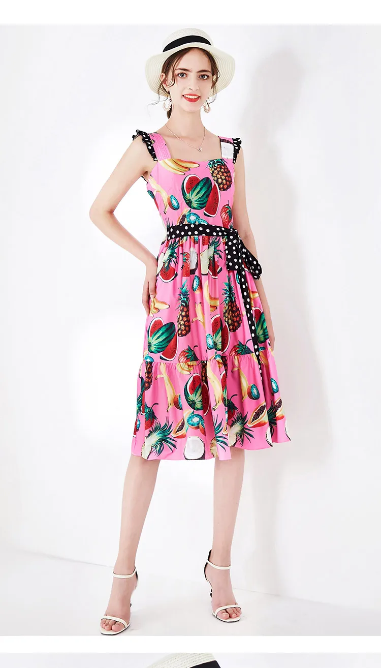 SEQINYY милое платье Лето Весна новое модное дизайнерское женское платье без рукавов с оборками с фруктовым принтом розовое Повседневное платье