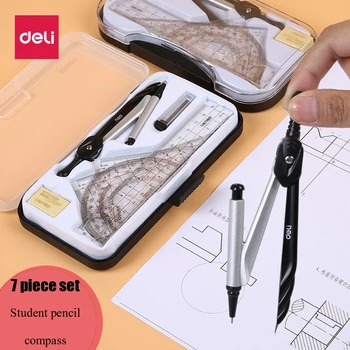 

Deli 7pcs Set Plastic+metal Geometry Protractor Drawing School Eraser Compasses Set Math Eraser Ruler For Students High Quality