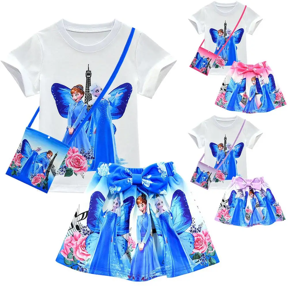 

Summer Girls Clothes Sets And Bag Snow Queen 2 White Girls Anna Elsa T-shirt Skirt Suit Kids Holiday Costume Girl Clothing Sets