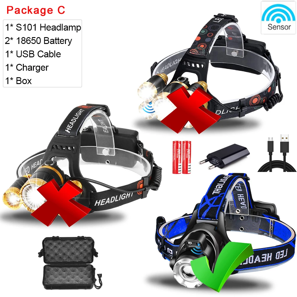 Package C Pocketman, головной светильник, датчик движения тела, налобный фонарь, 3/5 светодиодный T6, USB Перезаряжаемый головной светильник, водонепроницаемый Головной фонарь с батареей 18650 - Испускаемый цвет: Package C