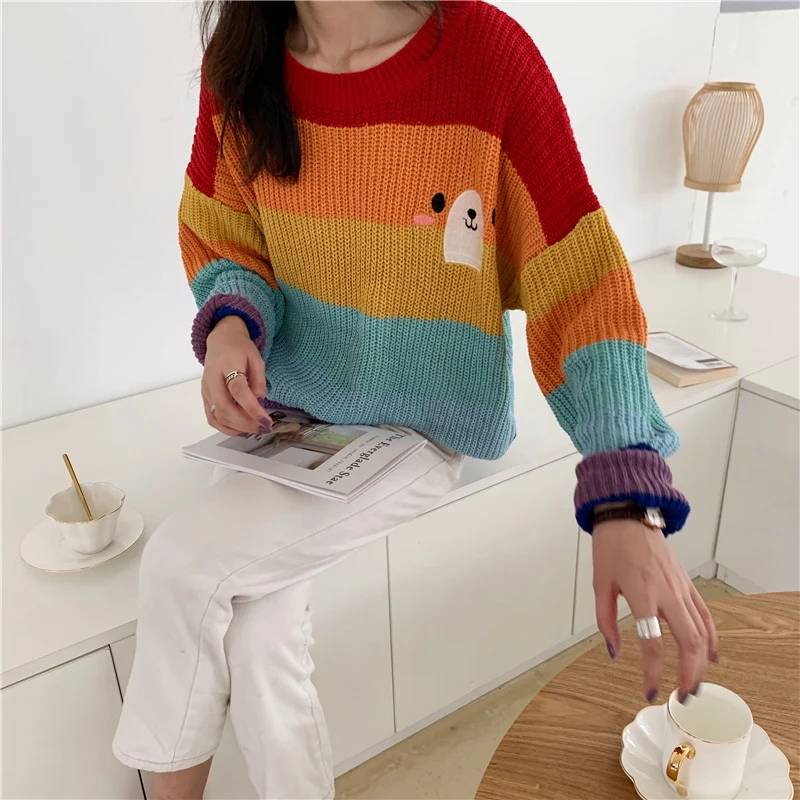 Осенне-зимний свитер женский пуловер длинный рукав Радужная вышивка женский корейский свободный свитер с круглым вырезом