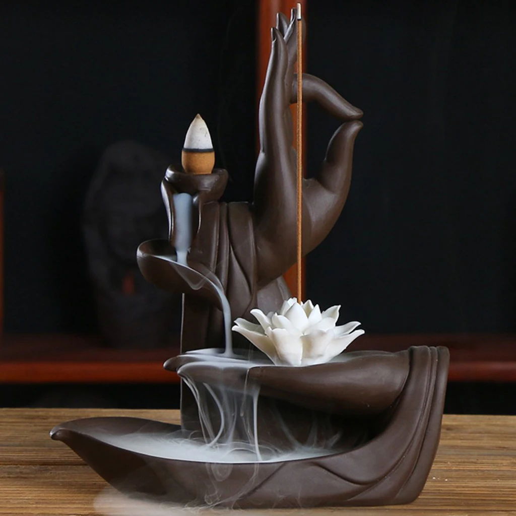 Ceramic Waterfall Backflow Incense Burner Incenser Stick Home Decoration Aromatherapy Ornament ,Lotus Hand &Buddha Design