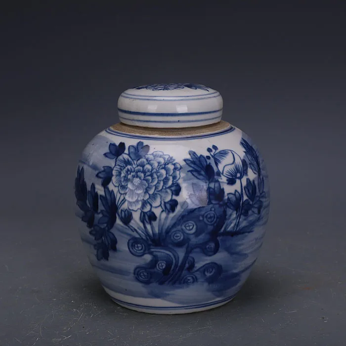 

Банка для чая с крышкой и рисунком пиона Late Qing Dynasty, Расписанная вручную, сине-белая, для коллекции